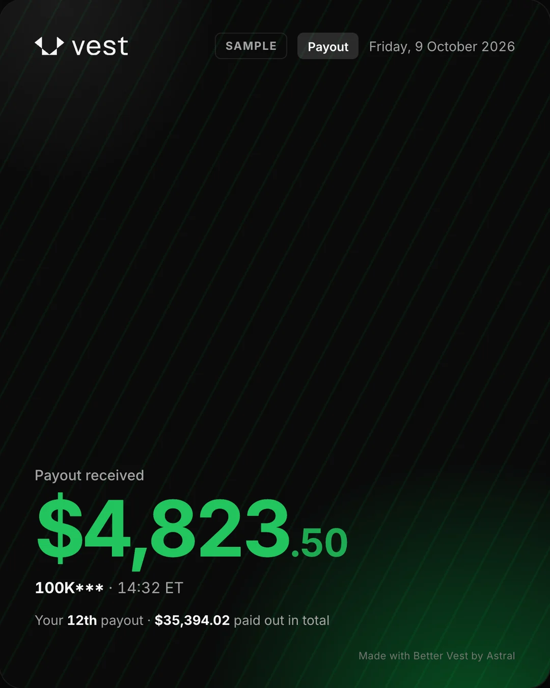 The Payout card: the payout received and the lifetime total